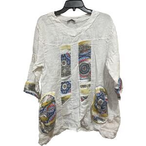 Bohabille Paris Shirt Women Large White Boho Artsy Patchwork Pockets Top